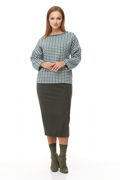 Комплект из блузки и юбки из текстиля для повседневности Anastasia 1042.1 зеленый_гус.лапка/олива - фото 3