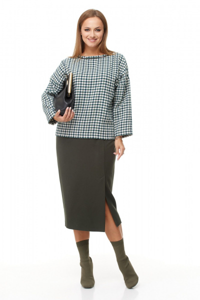 Комплект из блузки и юбки из текстиля для повседневности Anastasia 1042.1 зеленый_гус.лапка/олива - фото 1