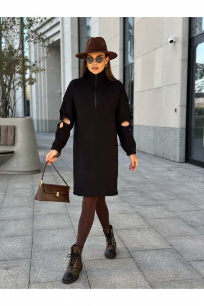 Черное трикотажное платье с молнией и цветочным рукавом Dilana VIP 2058 черный - фото 11