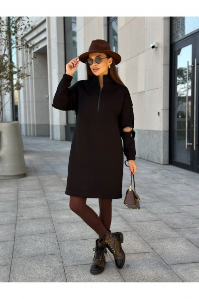 Черное трикотажное платье с молнией и цветочным рукавом Dilana VIP 2058 черный - фото 1