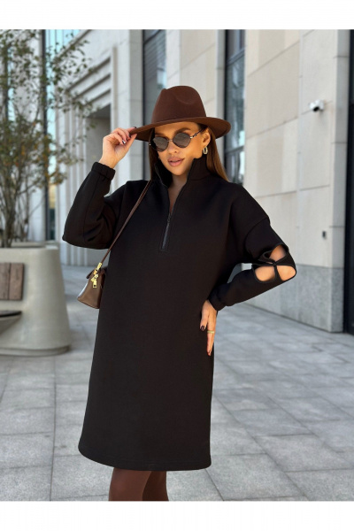 Черное трикотажное платье с молнией и цветочным рукавом Dilana VIP 2058 черный - фото 8