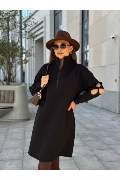 Черное трикотажное платье с молнией и цветочным рукавом Dilana VIP 2058 черный - фото 7