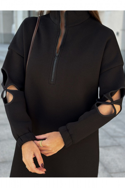 Черное трикотажное платье с молнией и цветочным рукавом Dilana VIP 2058 черный - фото 6