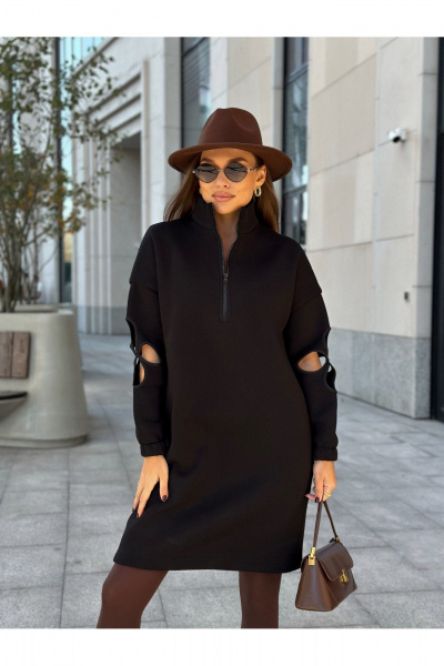 Черное трикотажное платье с молнией и цветочным рукавом Dilana VIP 2058 черный - фото 2