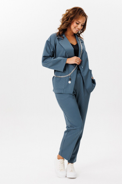 Деловой костюм из полосчатого текстиля жакет и брюки Mubliz 200 морская_волна - фото 4