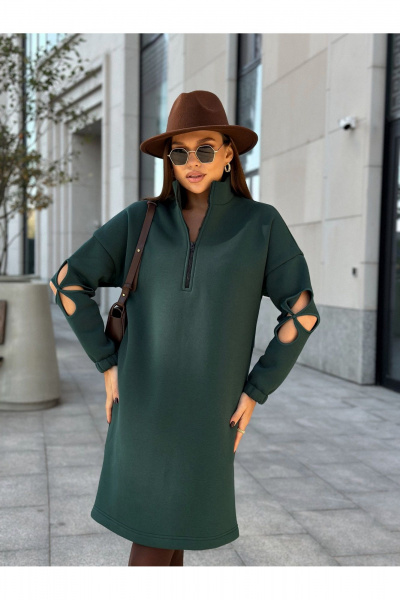 Платье прямого силуэта с коротким рукавом и кружевной вставкой Dilana VIP 2058 темно-зеленый - фото 6