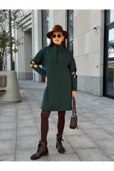 Платье прямого силуэта с коротким рукавом и кружевной вставкой Dilana VIP 2058 темно-зеленый - фото 4