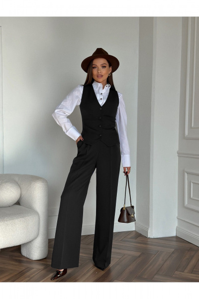 Брюки палаццо с стрелками и притачным поясом на тесьме Dilana VIP 2079 черный - фото 1