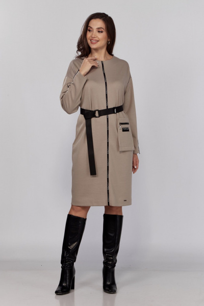 Бежевое длинное платье из трикотажа с поясом и декоративной тесьмой Verita 2332 беж - фото 3