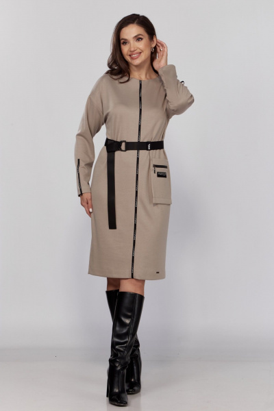 Бежевое длинное платье из трикотажа с поясом и декоративной тесьмой Verita 2332 беж - фото 2