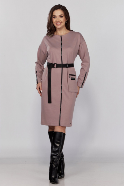 Розовое платье до колена из трикотажа с карманами и поясом Verita 2332 пудра - фото 2