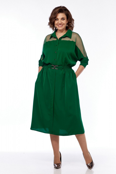 Зеленое расклешенное платье с поясом на резинке и прозрачным верхом Диомант 2012 зеленый - фото 1