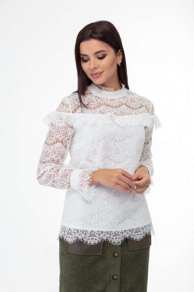 Кружевная блуза из плотного полотна с воланами и воротником-стойкой Anelli 933 белый - фото 10
