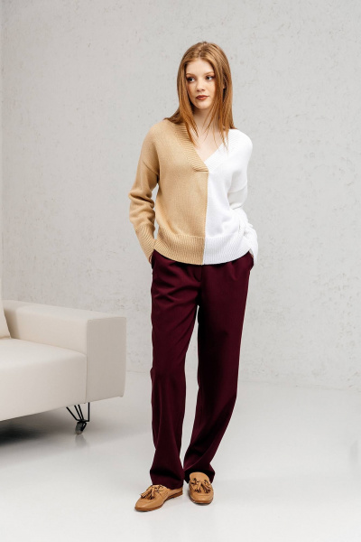 Джемпер прямого силуэта из пряжи с разными тканями и заниженной линией плеч Romgil РВ0023-ХЛ2 соломенный, белый - фото 5