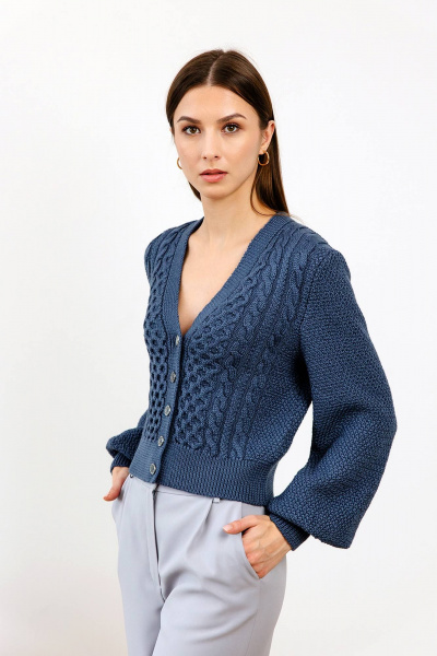 Кардиган короткий из мягкой пряжи для офисного и повседневного стиля Romgil РВ0104-ШЕ5 индиго - фото 1