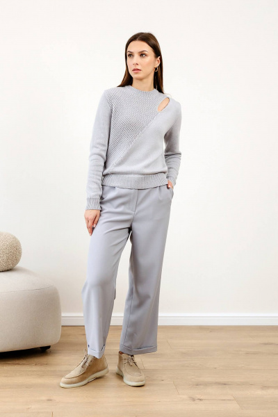 Джемпер вязаный прямой силуэт с разрезом на плече Romgil РВ0123-ХЛ5 жемчужный серый - фото 7