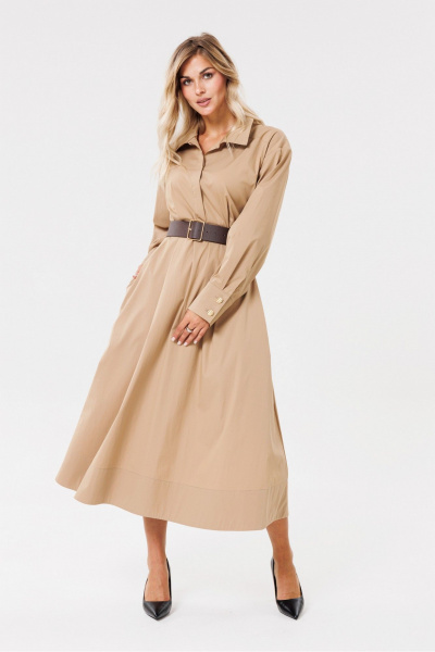 Бежевое платье из хлопкового текстиля с складками PRATA wear S003 бежевый - фото 2