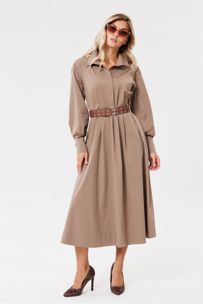 Коричневое платье из хлопка с кокеткой и складками PRATA wear S003 коричневый - фото 1