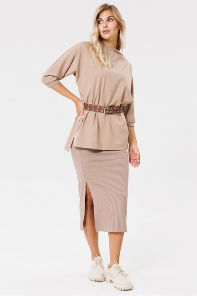 Бежевый трикотажный юбка с разрезом и поясом PRATA wear S006 капучино - фото 5