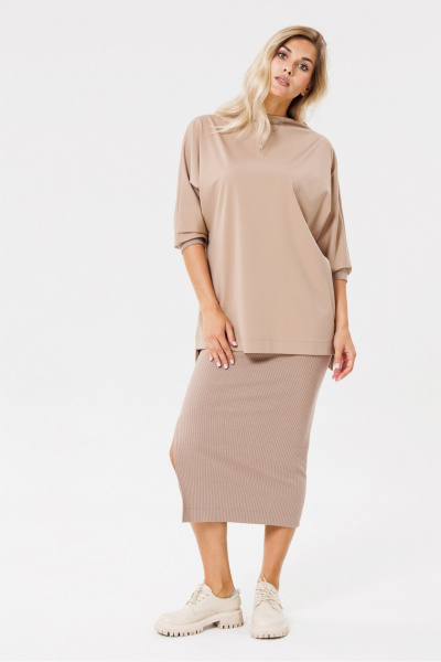 Бежевый трикотажный юбка с разрезом и поясом PRATA wear S006 капучино - фото 2