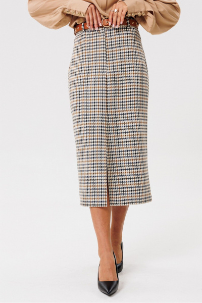 Круглогодичная классическая юбка из текстиля с шлицей PRATA wear S017 бежевый - фото 3