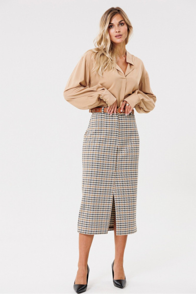 Круглогодичная классическая юбка из текстиля с шлицей PRATA wear S017 бежевый - фото 1