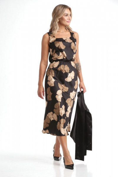 Жакет укороченный и юбка А-силуэта из текстиля Rishelie 970 черно-бежевый - фото 4