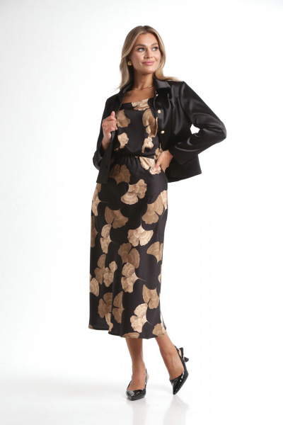 Жакет укороченный и юбка А-силуэта из текстиля Rishelie 970 черно-бежевый - фото 3