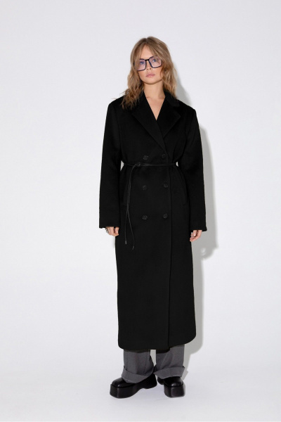 Миди-пальто оверсайз с двубортной застежкой и функциональными карманами PiRS 5372 черный - фото 1