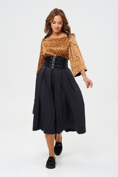 Элегантное платье из двух видов ткани с корсетным поясом Anastasia 1160 золото/черный - фото 4