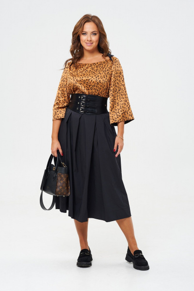 Элегантное платье из двух видов ткани с корсетным поясом Anastasia 1160 золото/черный - фото 1