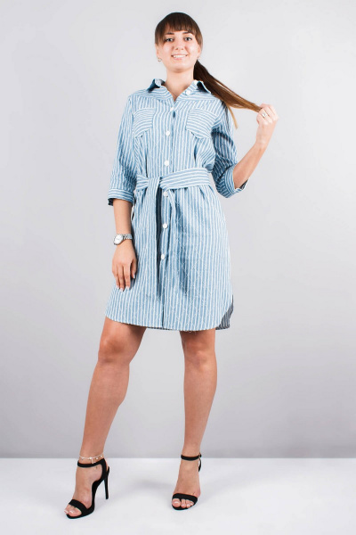 Летняя туника из хлопка с застежкой-планка, с разрезами и поясом Mita ЖМ941 голубой+полоска - фото 1