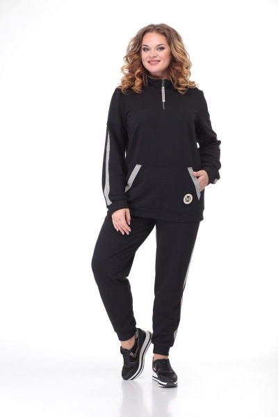 Модный спортивный костюм из трикотажа и экокожи Кэтисбел 2472 черный - фото 2
