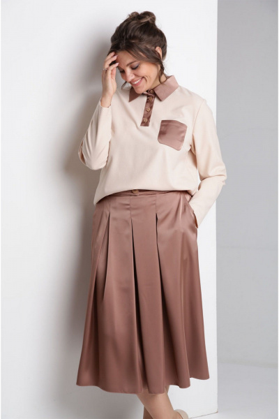 Бежевый комплект из свободной блузы и юбки для демисезона VIA-Mod 641 бежевый - фото 5