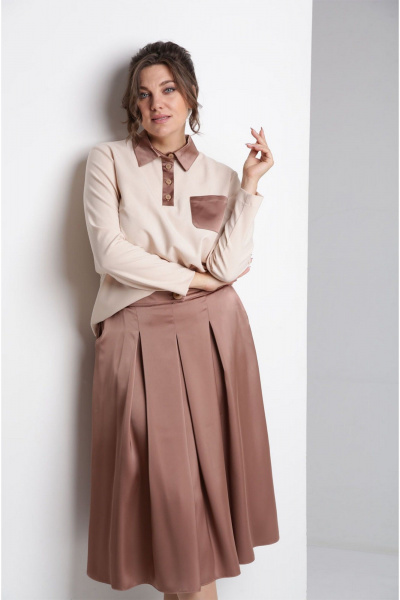 Бежевый комплект из свободной блузы и юбки для демисезона VIA-Mod 641 бежевый - фото 4