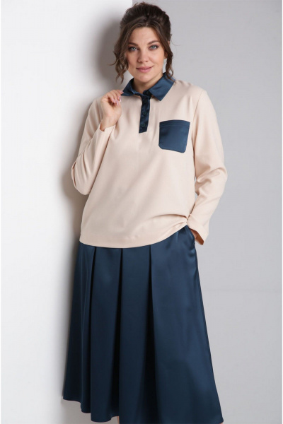 Синий комплект из свободной блузы и юбки из текстиля VIA-Mod 641 изумруд - фото 5