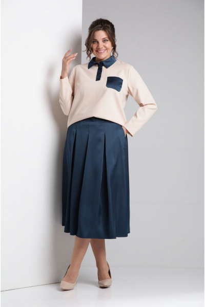 Синий комплект из свободной блузы и юбки из текстиля VIA-Mod 641 изумруд - фото 1