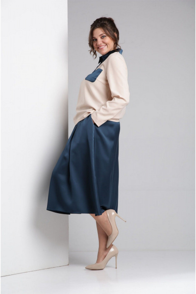 Синий комплект из свободной блузы и юбки из текстиля VIA-Mod 641 изумруд - фото 4