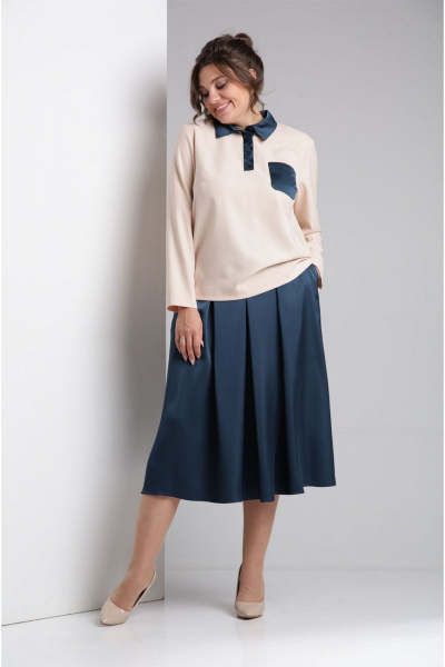 Синий комплект из свободной блузы и юбки из текстиля VIA-Mod 641 изумруд - фото 3