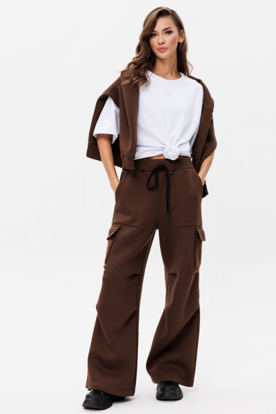 Брюки свободные коричневые из хлопка и трикотажа GO f2095/23-03.164 коричневый - фото 3