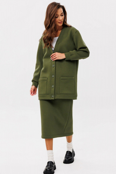 Кардиган с юбкой в стиле casual из трикотажа и хлопка GO f7052/28-02.164 хаки - фото 3