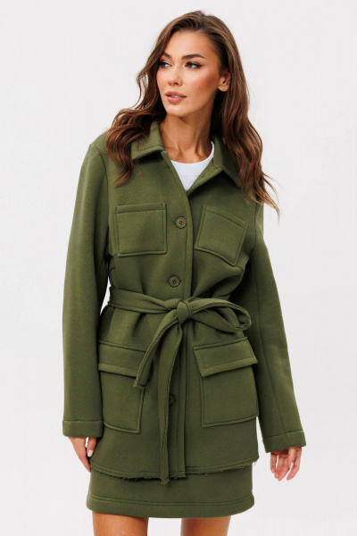 Пальто-костюм с юбкой из хлопка и трикотажа для демисезона GO f7088/28-02.170 хаки - фото 2