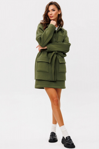 Пальто-костюм с юбкой из хлопка и трикотажа для демисезона GO f7088/28-02.164 хаки - фото 3