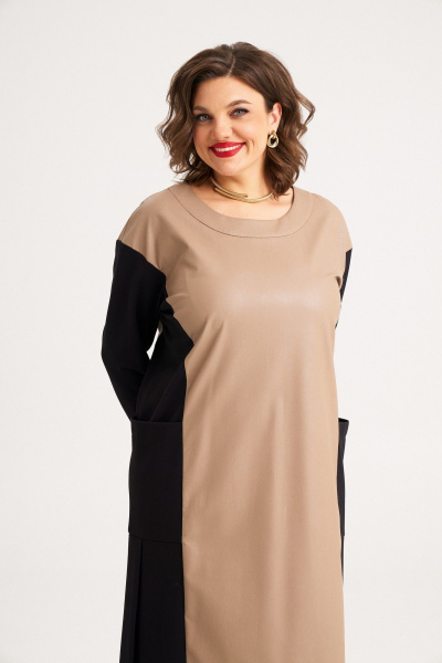 Платье миди с вставками из эко-кожи и контрастными деталями Almirastyle 403 - фото 4