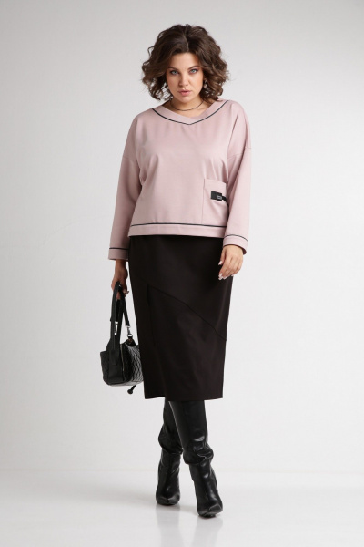 Трикотажный комплект с юбкой на резинке и V-образным вырезом Aira Style 24111 пудра-черный - фото 8