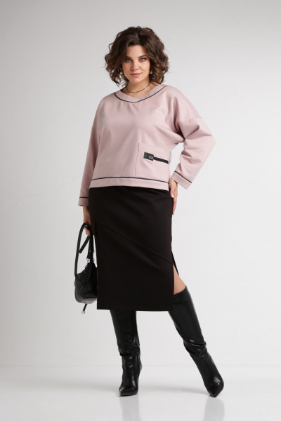 Трикотажный комплект с юбкой на резинке и V-образным вырезом Aira Style 24111 пудра-черный - фото 5