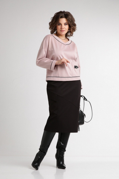 Трикотажный комплект с юбкой на резинке и V-образным вырезом Aira Style 24111 пудра-черный - фото 2