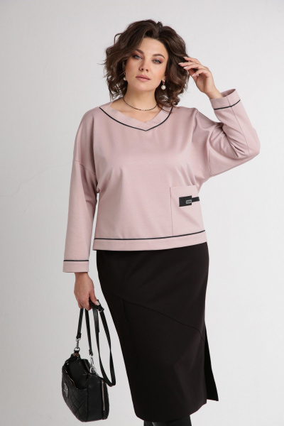 Трикотажный комплект с юбкой на резинке и V-образным вырезом Aira Style 24111 пудра-черный - фото 3