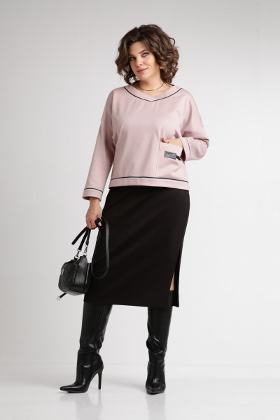 Трикотажный комплект с юбкой на резинке и V-образным вырезом Aira Style 24111 пудра-черный - фото 1