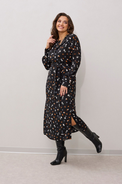 Платье прямого силуэта с поясом и длинным рукавом из текстиля MALI 424-044 черный - фото 7